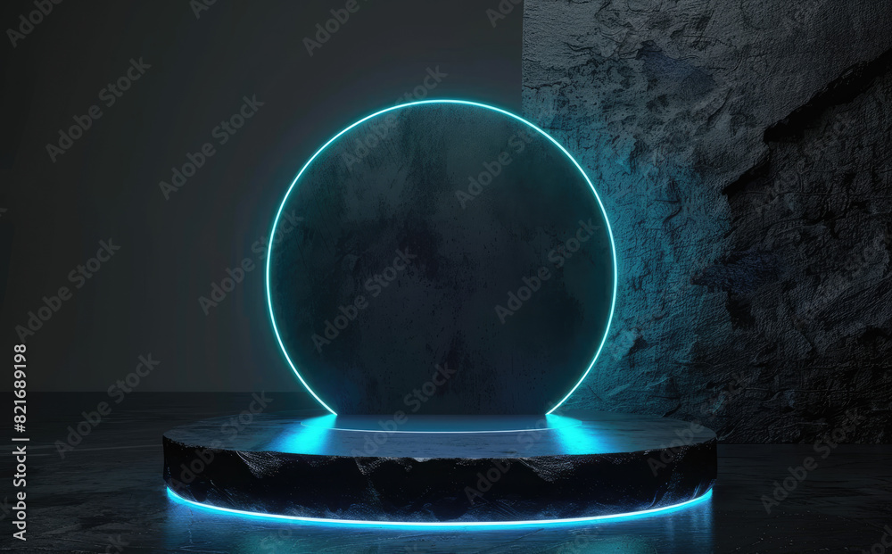 3d render, abstract futuristic dark background with glowing blue circle podium platform and stone texture. Created with Ai 