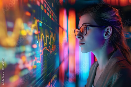 A woman is looking at a computer screen with a lot of numbers and graphs generated by AI