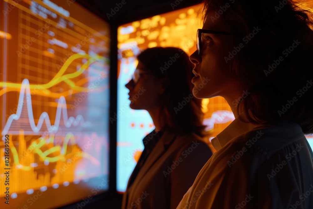 Two women are looking at a computer screen with graphs and numbers generated by AI Two women are looking at a computer screen with graphs and numbers generated by AI