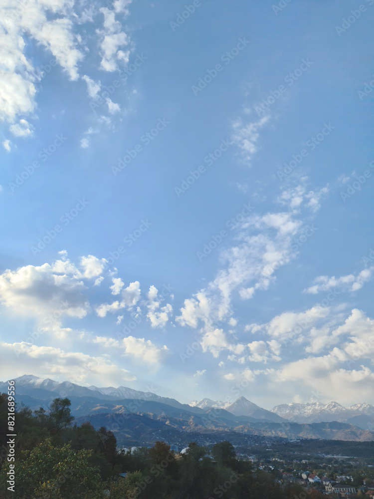 Natural vertical landscape with a clear blue sky filled with fluffy white cumulus clouds, showcasing a stunning ecoregion of highland grasslands and majestic Almaty mountains in the background.