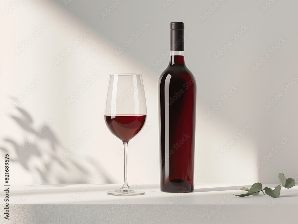 Red wine glass and bottle elegantly displayed with subtle shadow play