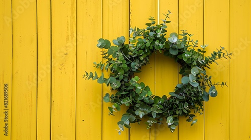 Hanging on yellow wood front door is displayed an easter wreath made of green foliage