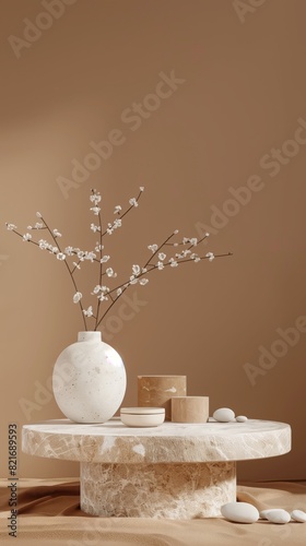 A vase with white flowers sits on a round table generated by AI