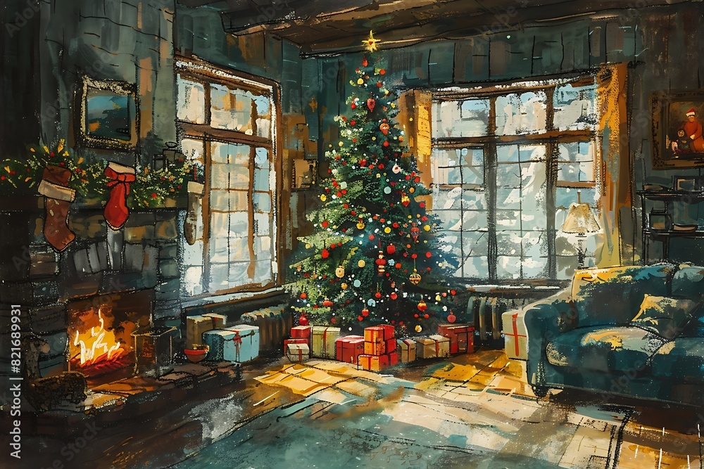 Christmas card illustration vintage style, oil pastel hand-painted style ai generated, home interior with family celebrating Christmas in the living room, Christmas tree with presents and decorations