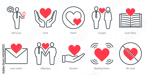 A set of 10 love and romance icons as self love, love, heart