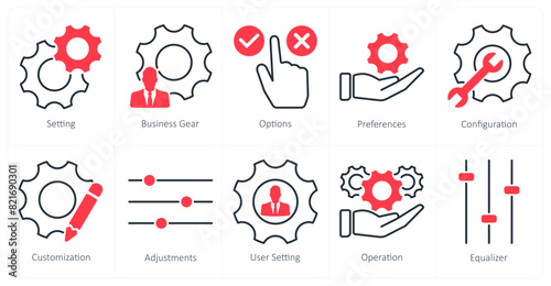 A set of 10 settings and configuration icons as setting, business gear, options