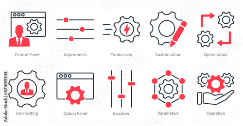 A set of 10 settings and configuration icons as control panel, adjustments, productivity