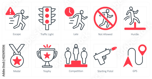 A set of 10 running icons as escape, traffic light, late