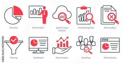 A set of 10 statistics icons as pie chart  presentation  search cloud analysis