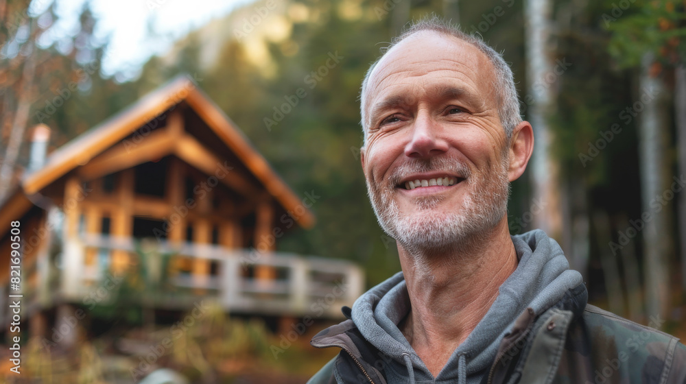 Portrait of a happy mature male in a nature retreat for a weekend , caucasian man in front of his forest cabin cottage house Portrait of a happy mature male in a nature retreat for a weekend , caucasian man in front of his forest cabin cottage house