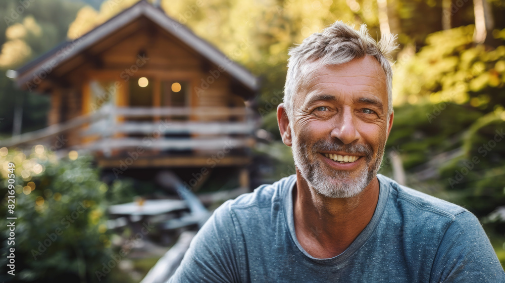 Fototapeta premium Portrait of a happy mature male in a nature retreat for a weekend , caucasian man in front of his forest cabin cottage house