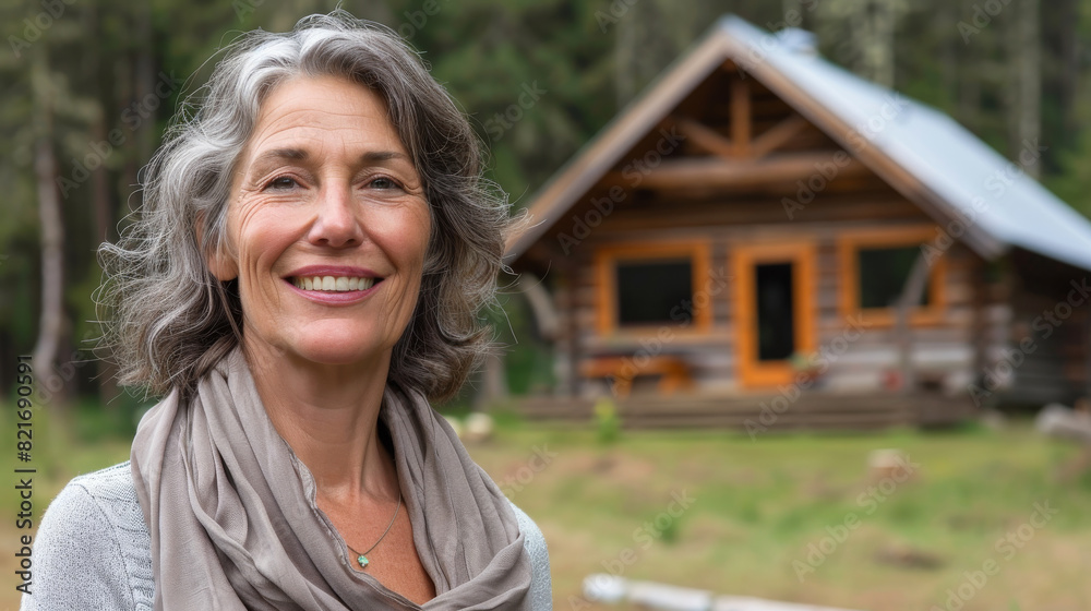 Portrait of a happy mature female in a nature retreat for a weekend , caucasian woman in front of her forest cabin cottage house Portrait of a happy mature female in a nature retreat for a weekend , caucasian woman in front of her forest cabin cottage house