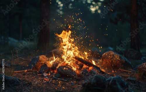A bonfire burns on a beach at night. 