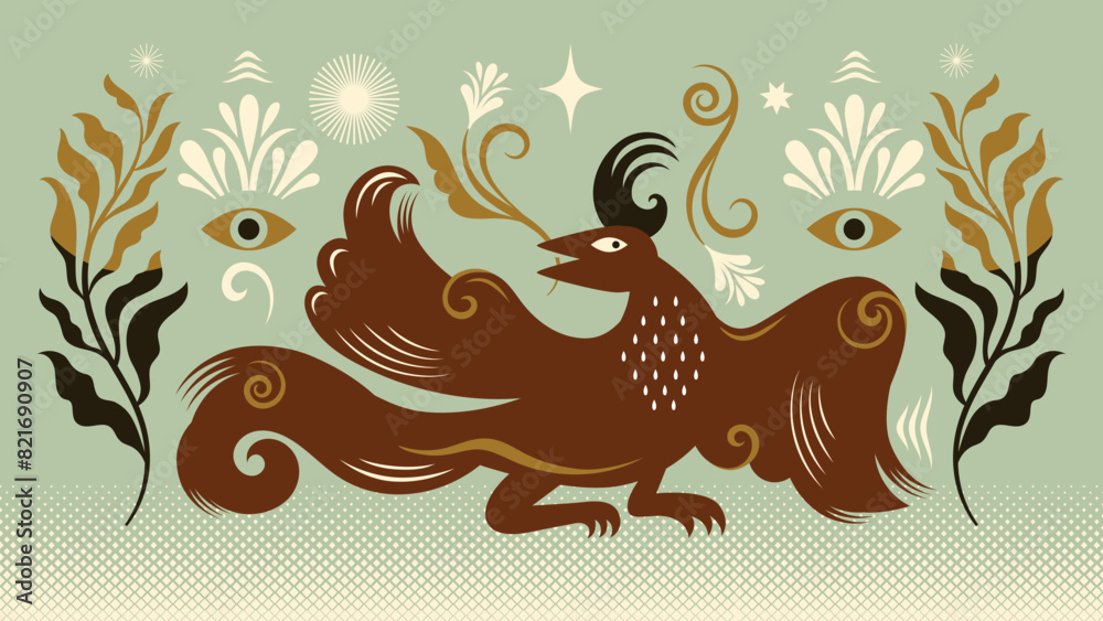 Fototapeta premium vector illustration of Fiction birds, heraldic style, illustration on the theme of mythology and symbolism, folk art, animalistic ornament 