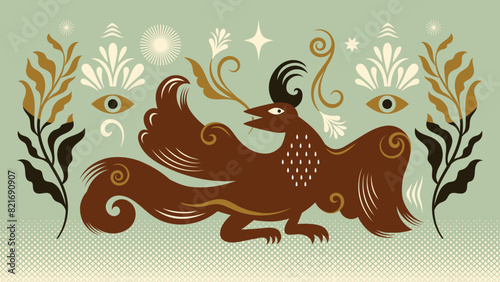 vector  illustration of Fiction birds, heraldic style, illustration on the theme of mythology and symbolism, folk art, animalistic ornament  	
