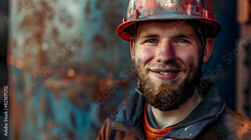 Smiling Blue Collar Worker in Hardhat Enjoying His Job on Construction Site