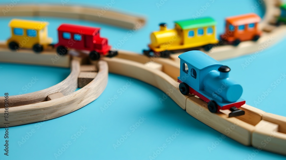 Kid toy trains and wooden rails on blue color background Kid toy trains and wooden rails on blue color background