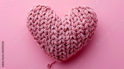 Knitted heart of pink color on a pink background