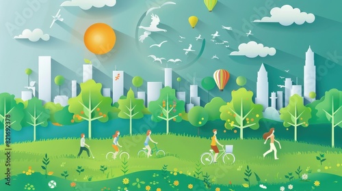 The image shows a green city with people walking  running  and biking. There are also trees  flowers  and a river. The sun is shining  and there are clouds in the sky. The image is peaceful and