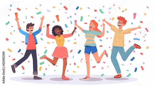Happy cartoon people having fun at birthday party flat illustration. Concept of friends characters celebrating holiday isolated on white. Collection of smiling festive man and woman in confetti