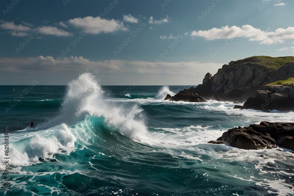A landscape of a rocky coastline and ocean A landscape of a rocky coastline and ocean