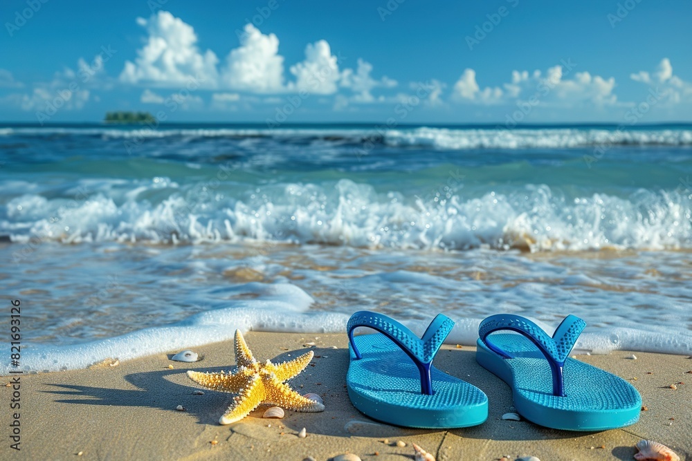  A blue flip-flop sits atop a sandy beach beside the ocean and a starfish