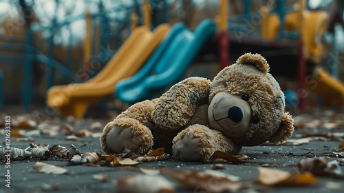 Lost teddy bear toy lying don on playground floor in gloomy day lonely and sad brown bear doll lied down alone in the park photo