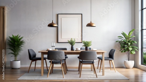 Dining Area Frame Mockup – Minimalist Black Frame: A minimalist dining area with a black frame on a white wall, ideal for modern and sophisticated decor. 