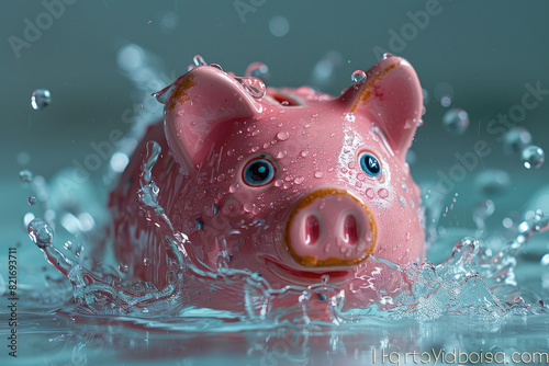 A pink piggy bank is submerged in water, creating an atmosphere of playfulness and fun. Created with Ai
