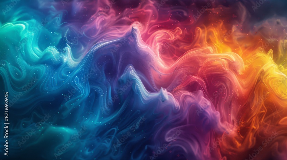 Fototapeta premium Ethereal Dreamy Light Painting with Colorful Ink and Rainbow Core. Glowing Shadows on a Rainbow Background Depicting Vibrant Waves for Illustration, Advertising, web Design, and Graphic Needs.
