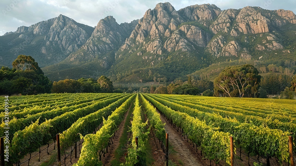   A vineyard in front of towering mountains with lush greenery in the foreground and majestic peaks in the backdrop