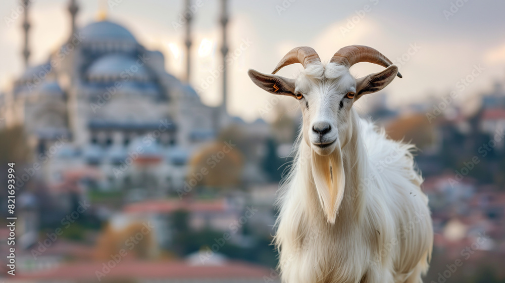 Obraz premium White goat with a mosque in the background