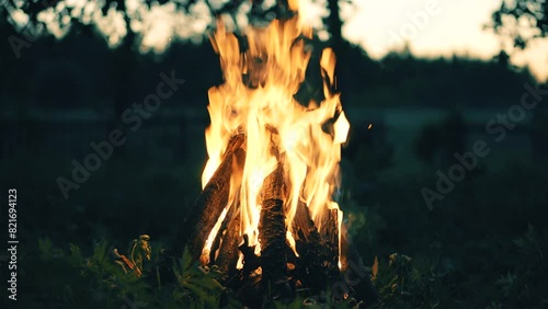 Bonfire flames on brazier . Barbecue grill	 photo