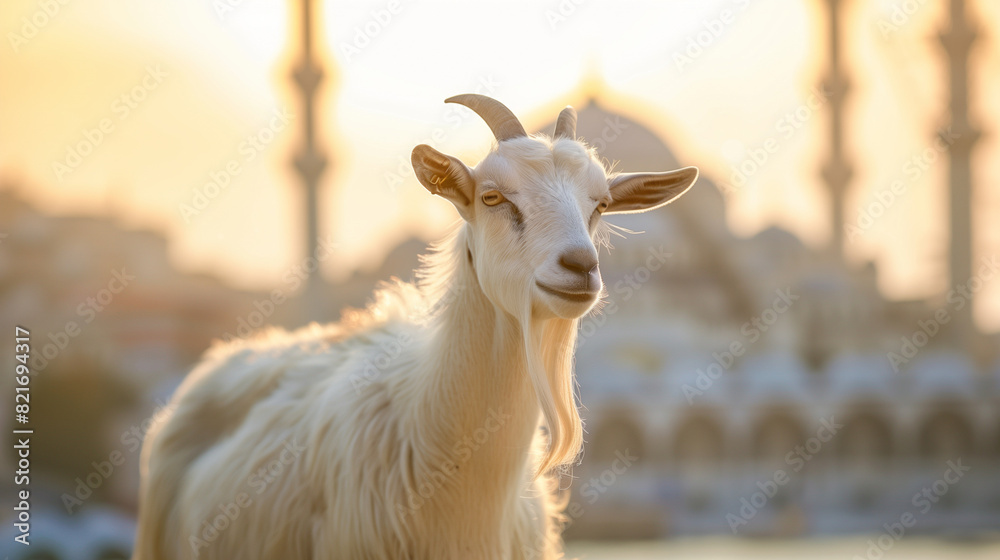 White goat with a mosque in the background White goat with a mosque in the background