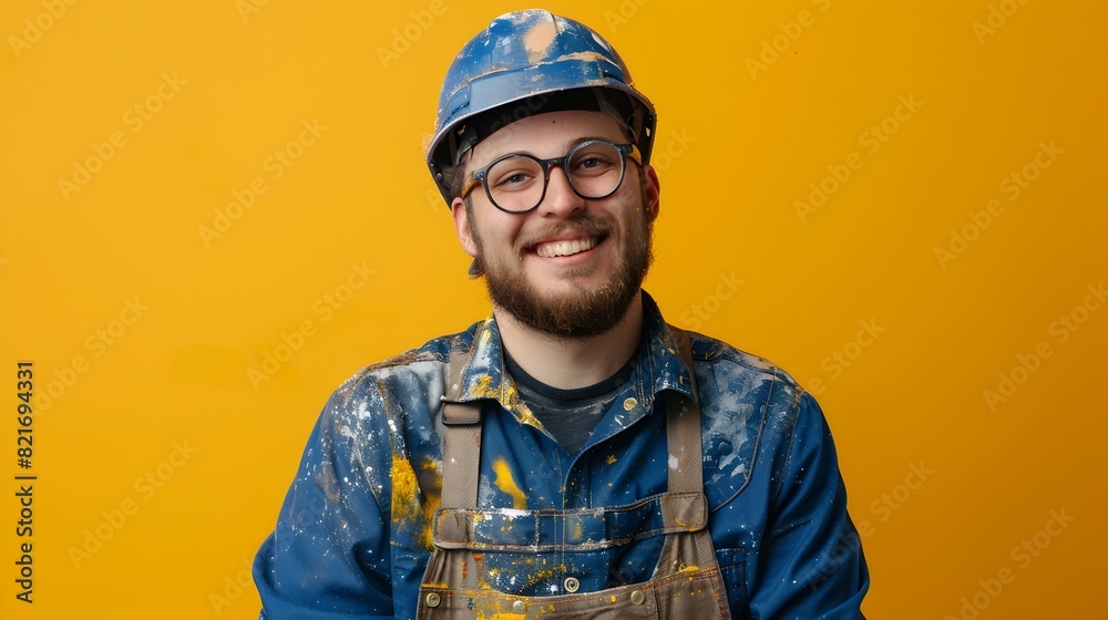 Smiling Portrait of a Happy Young Sheet Metal Worker Wearing Hardhat and Uniform on Colorful Background Smiling Portrait of a Happy Young Sheet Metal Worker Wearing Hardhat and Uniform on Colorful Background