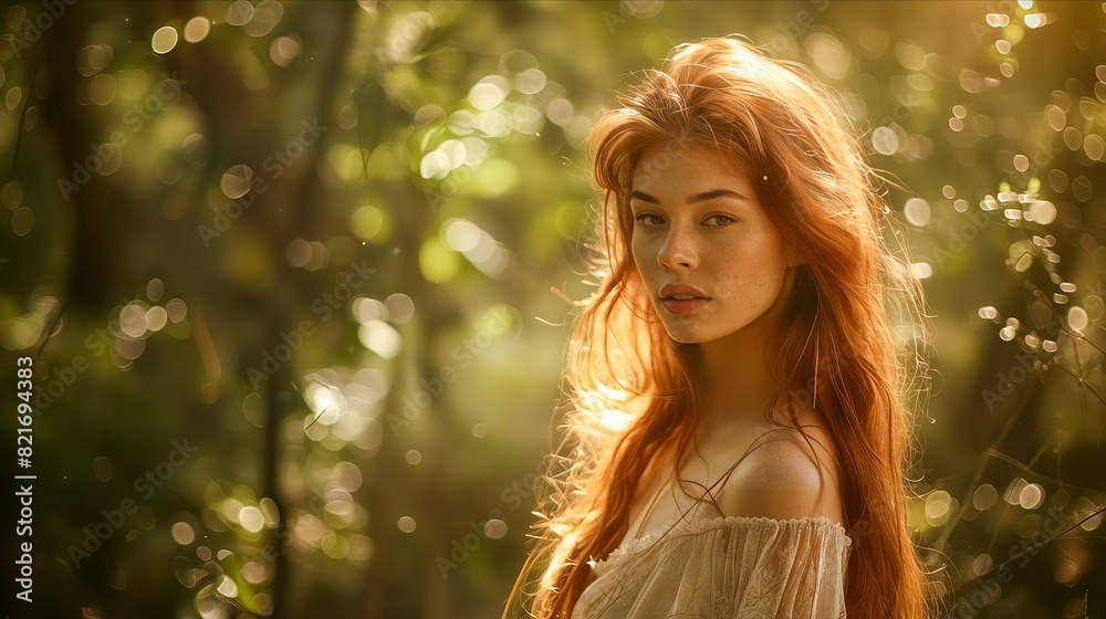 A beautiful red haired woman in the woods. A beautiful red haired woman in the woods.