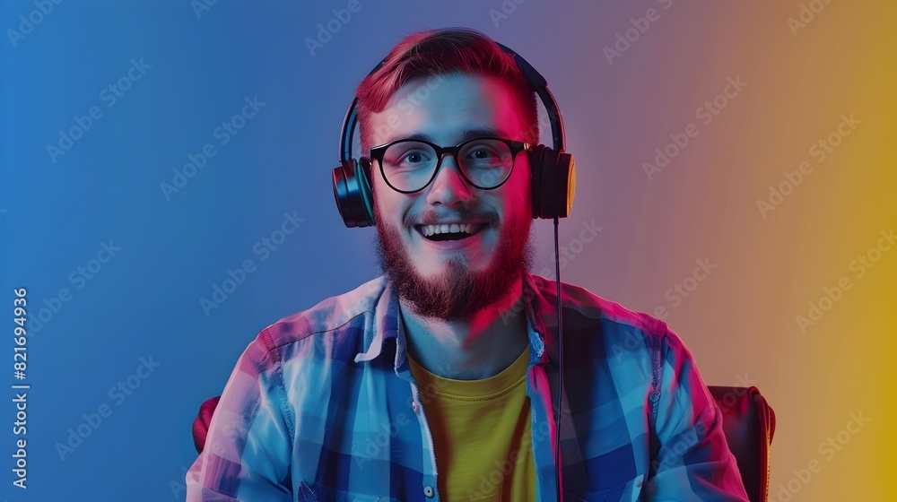 Obraz premium Smiling Technical Support Specialist Wearing Headphones in Colorful Studio Setting