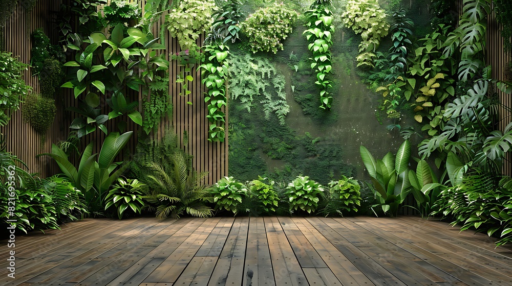 Naklejka premium Plants wall and parquet floor green background