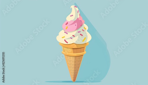 A digital illustration of a single ice cream cone with two scoops of vanilla and strawberry ice cream. The cone is topped with whipped cream and rainbow sprinkles.