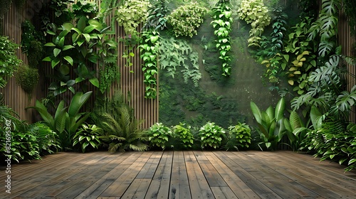 Plants wall and parquet floor green background