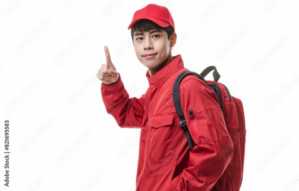 Smiling delivery man dressed in red uniform keeping thumbs up at camera over white background. Postman and express delivery service concept Smiling delivery man dressed in red uniform keeping thumbs up at camera over white background. Postman and express delivery service concept