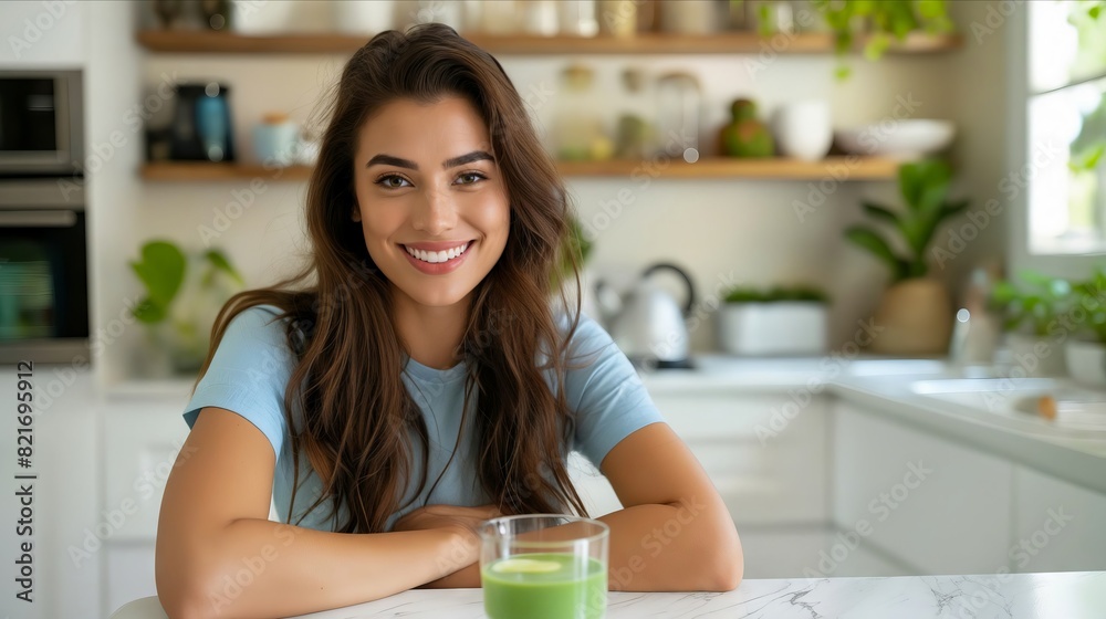 A woman smiling in front of a glass of green juice. A woman smiling in front of a glass of green juice.