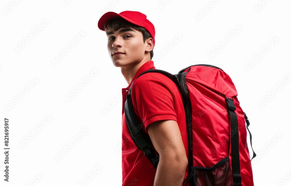 Smiling delivery man dressed in red uniform keeping thumbs up at camera over white background. Postman and express delivery service concept