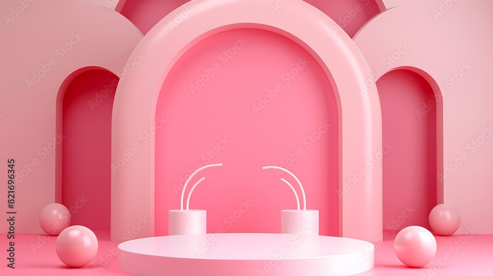 White podium with pink props in pink and red background