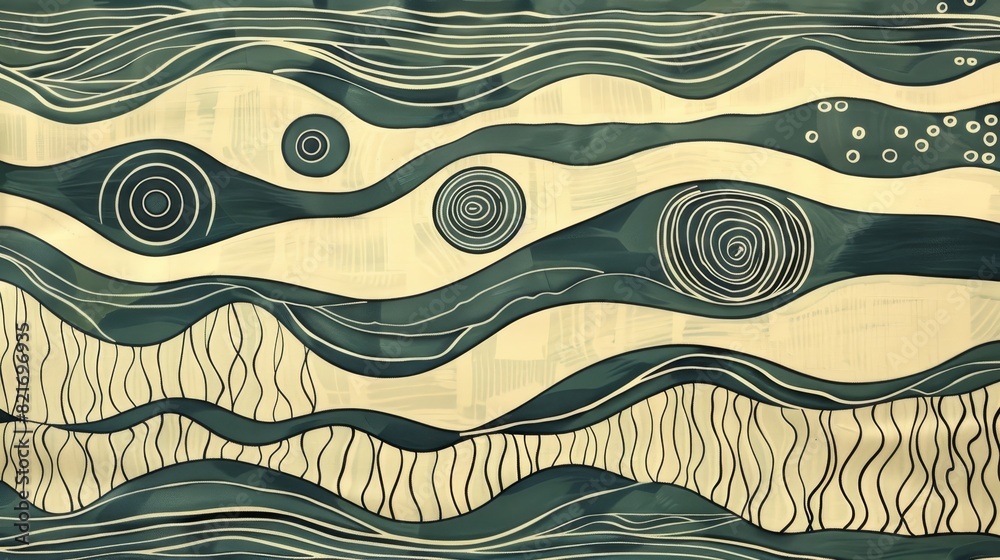 A tranquil sea of geometric patterns, with soft circles floating amidst linear currents A tranquil sea of geometric patterns, with soft circles floating amidst linear currents