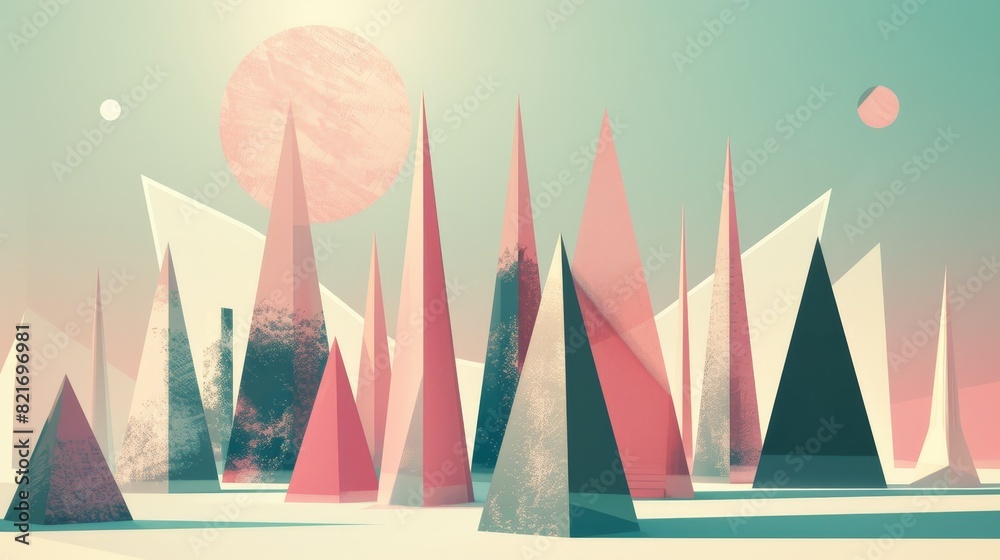 A geometric forest of shapes, with tall triangles standing alongside shorter squares and circles A geometric forest of shapes, with tall triangles standing alongside shorter squares and circles