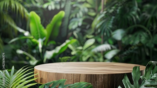 Wooden podium in tropical forest for product presentation and green wall