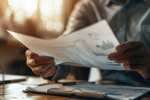 Wallpaper Mural A close-up of hands holding a detailed financial document with intricate charts, set against an elegant office background with sharp, realistic lighting Torontodigital.ca