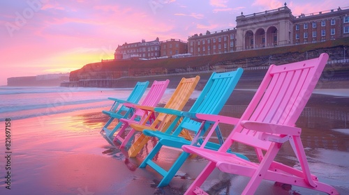   A colorful row of beach chairs rests atop golden sand near the tranquil ocean  framed by an enchanting sunset