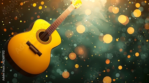 Yellow guitar floating in the air against greein background with bokeh lights